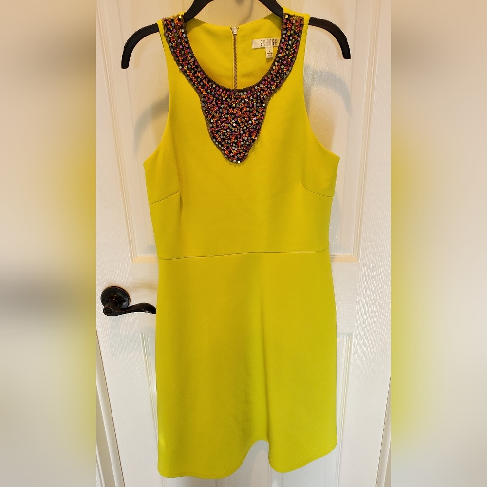 Sleeveless Yellow/Green  Dress with Beaded Neckline